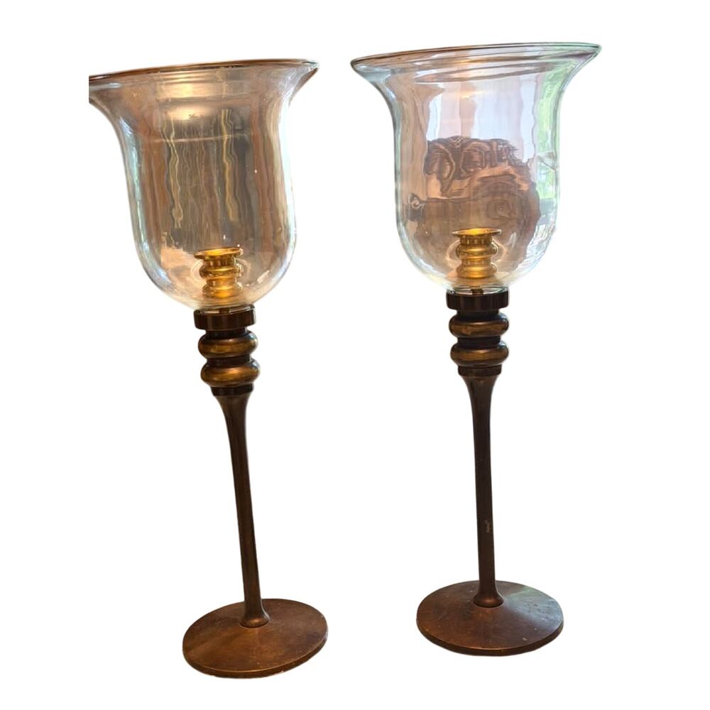 Pair of Brass Hurricane Candle Holders
